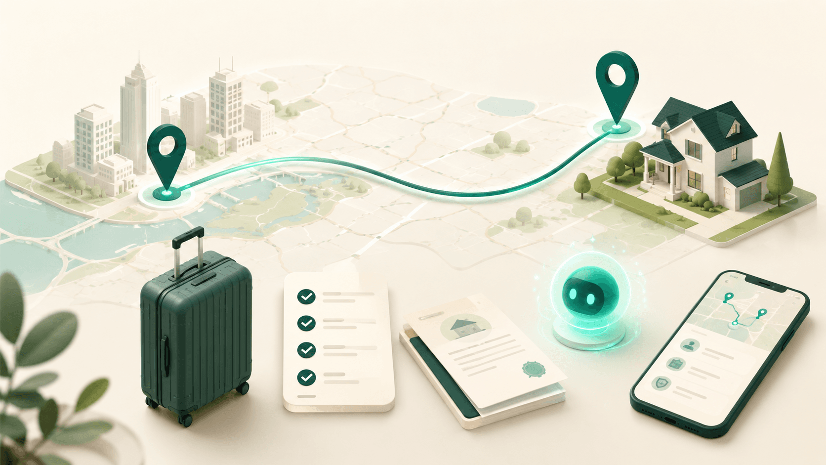 AI relocation command centre showing a route map, suitcase, task checklist and assistant panel.
